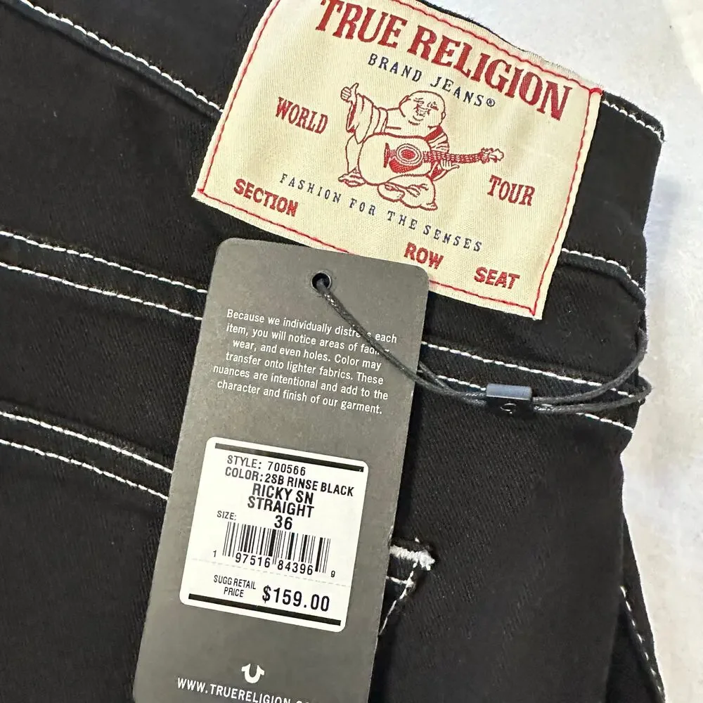 True Religion Ricky Relaxed Straight Jeans Black Denim Contrast Stitch 36x30 NWT